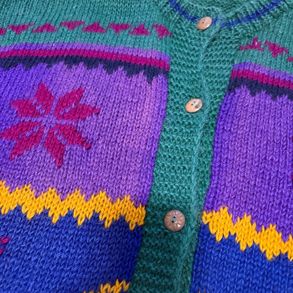 Vintage Handknit Wool Nordic Cardigan Sweater Pirple Green Blue size XLarge - Picture 4 of 9